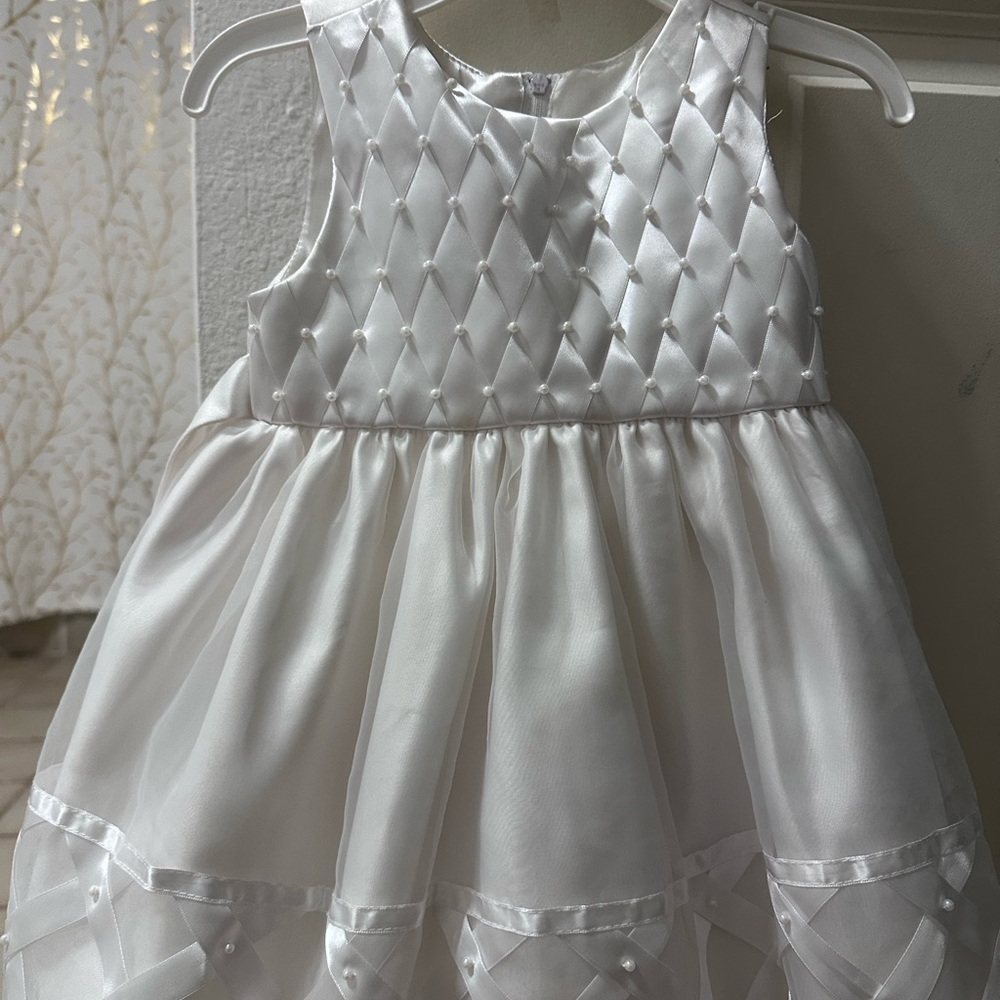 White Satin Pearl-Accent Girls' Party Dress